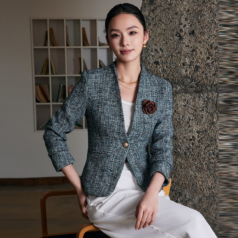 Női rövid gyapjú kabát, gallér nélkül, egygombos záródás, hosszú ujjú, ingázó stílus, őszi 2024