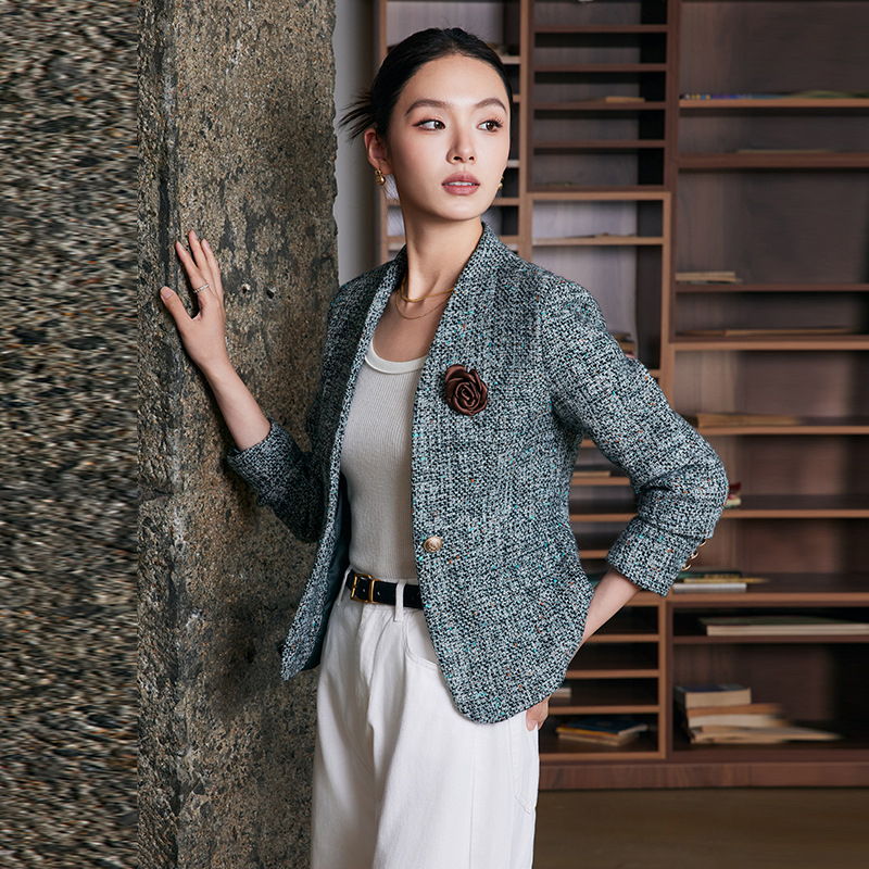 Női rövid gyapjú kabát, gallér nélkül, egygombos záródás, hosszú ujjú, ingázó stílus, őszi 2024