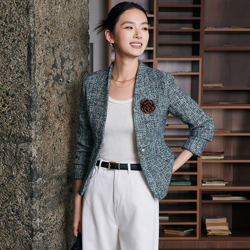 Női rövid gyapjú kabát, gallér nélkül, egygombos záródás, hosszú ujjú, ingázó stílus, őszi 2024