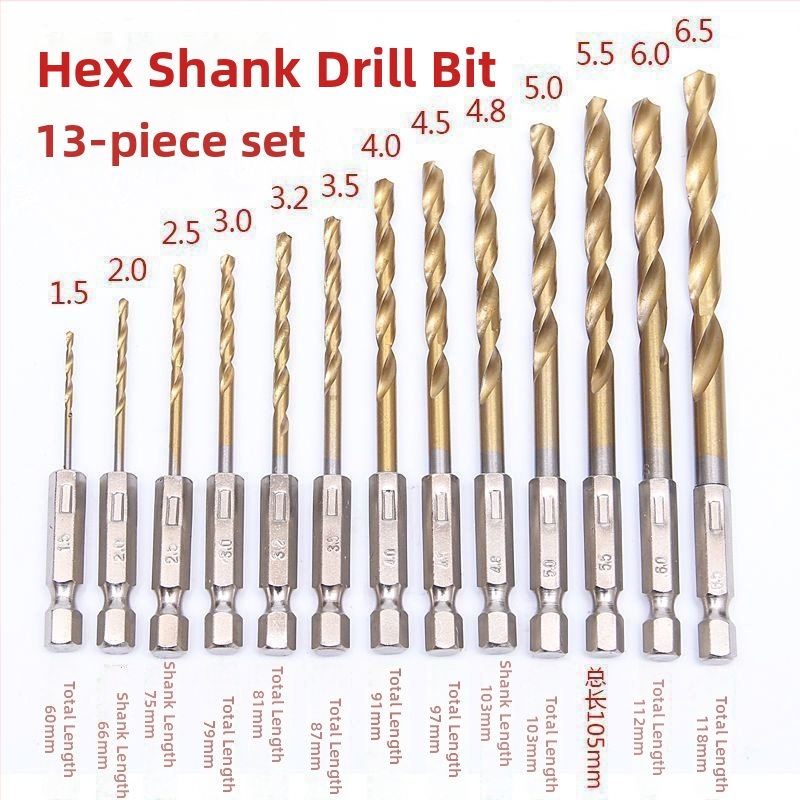 13 darabos spirálfúrókészlet, hatszögletes markolattal, titán bevonattal, gyorsacélból, faragáshoz