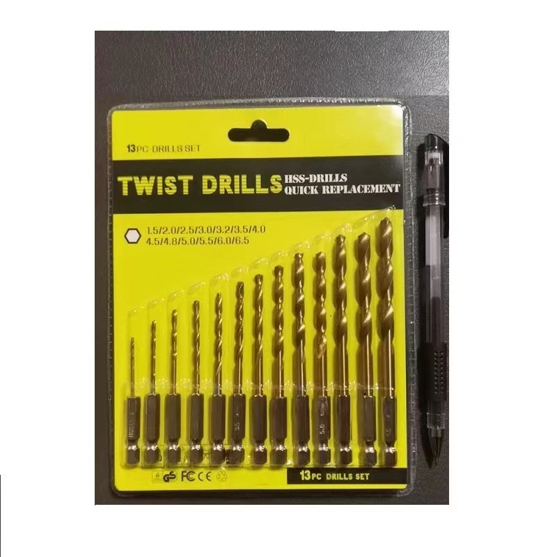 13 darabos spirálfúrókészlet, hatszögletes markolattal, titán bevonattal, gyorsacélból, faragáshoz