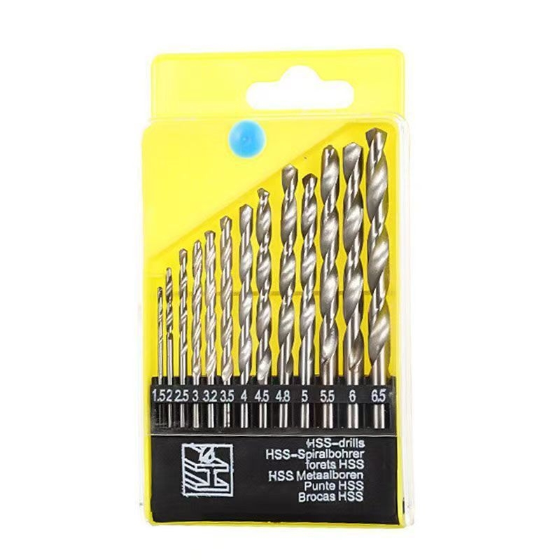 13 darab titánium bevonatú spirálfúró készlet, kör alakú markolattal, teljesen polírozott.