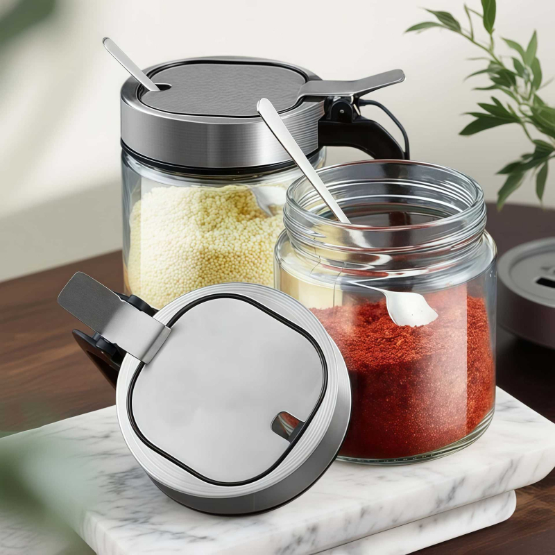 Stakleni set posuda za začine za kuhinju sa žlicom i kutijom za pohranu – za čvrste začine, Quality marka