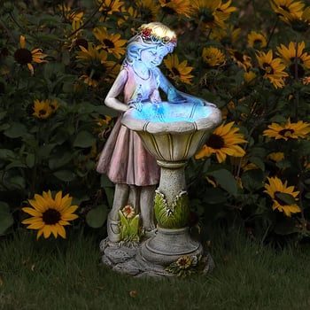 Vrtna vila od smole – statua hranilice za ptice s vanjskim solarnim LED svjetlom, europski stil, marka FXY, model FXY069