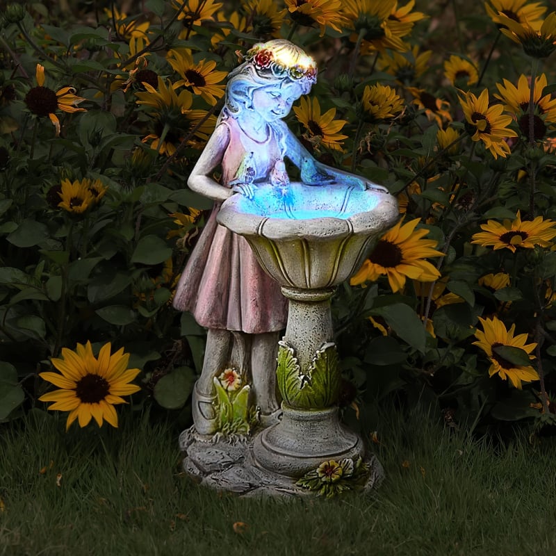 Vrtna vila od smole – statua hranilice za ptice s vanjskim solarnim LED svjetlom, europski stil, marka FXY, model FXY069