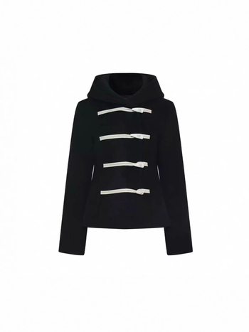 Palto din lână pentru femei cu glugă, nasturi din corn, detalii patchwork, croială lejeră, lungime medie, țesătură groasă