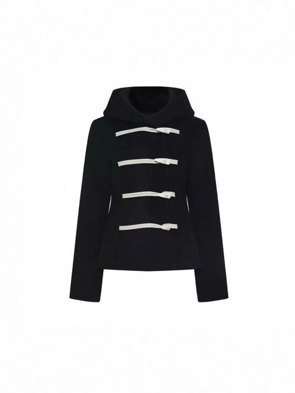 Palto din lână pentru femei cu glugă, nasturi din corn, detalii patchwork, croială lejeră, lungime medie, țesătură groasă