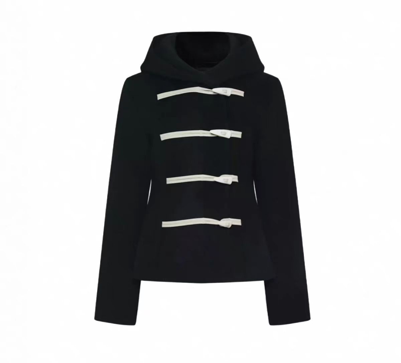 Palto din lână pentru femei cu glugă, nasturi din corn, detalii patchwork, croială lejeră, lungime medie, țesătură groasă