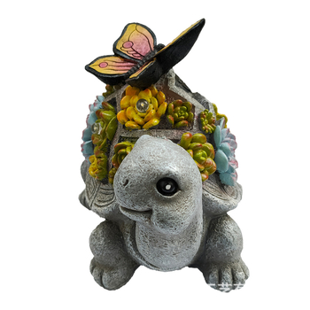 Statuetă din rășină cu motive de fluture, țestoasă și succulentă, și lampă solară pentru grădină (material: rășină sintetică; categorie: obiecte din rășină; ambalaj: obișnuit)