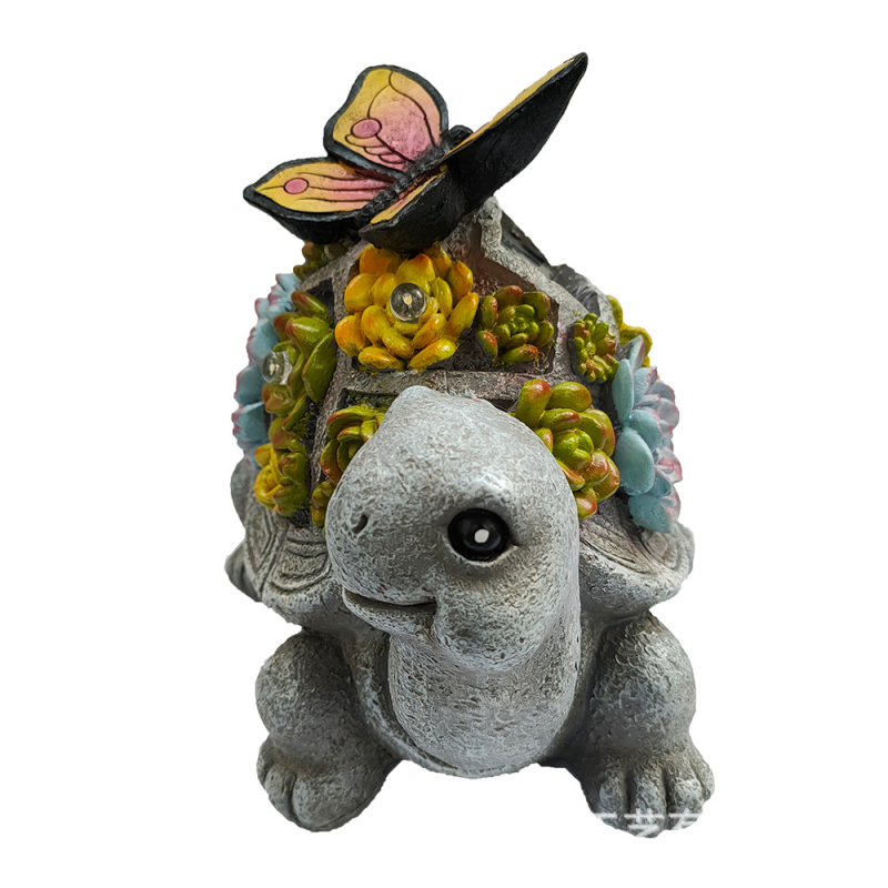 Statuetă din rășină cu motive de fluture, țestoasă și succulentă, și lampă solară pentru grădină (material: rășină sintetică; categorie: obiecte din rășină; ambalaj: obișnuit)