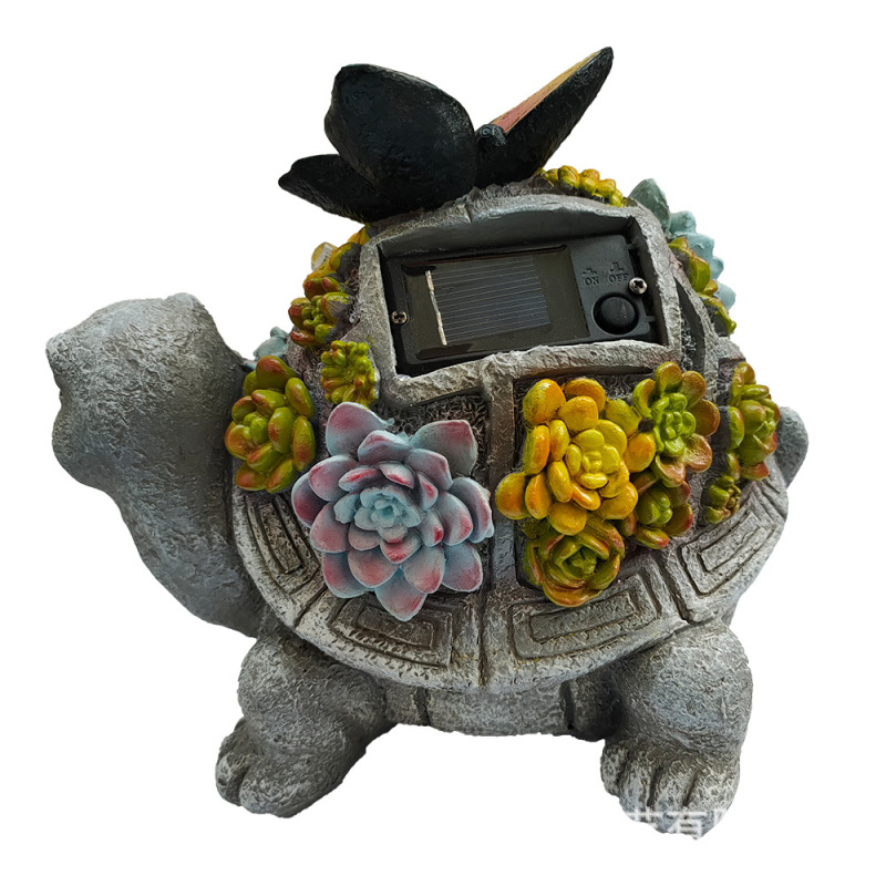 Statuetă din rășină cu motive de fluture, țestoasă și succulentă, și lampă solară pentru grădină (material: rășină sintetică; categorie: obiecte din rășină; ambalaj: obișnuit)