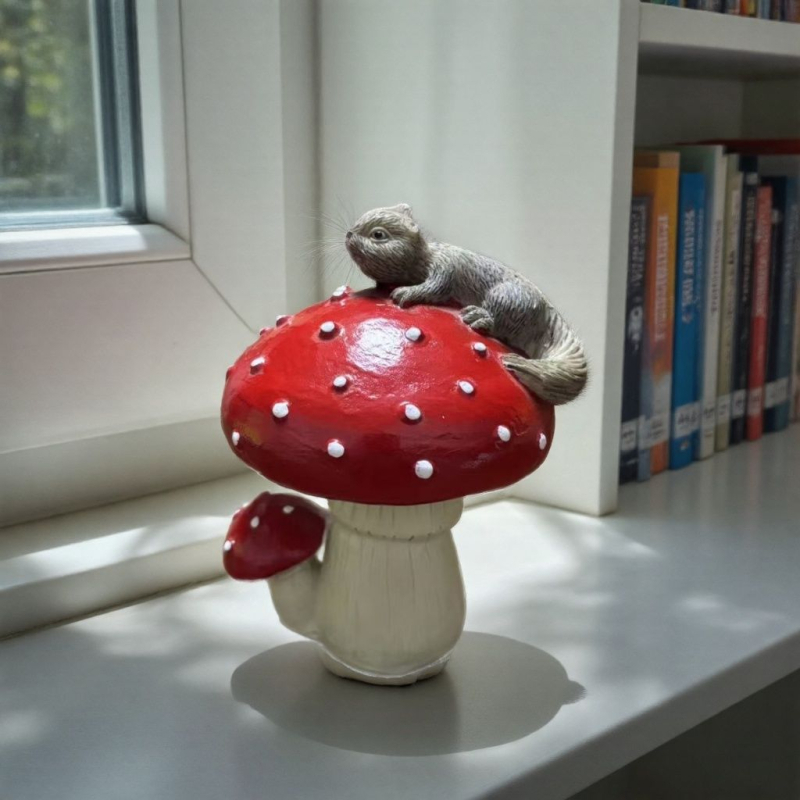 Ornament decorativ din rășină, temă ciupercă și veveriță, stil modern minimalist