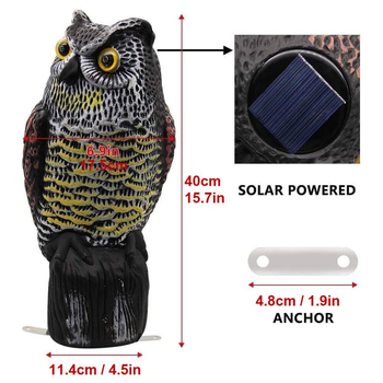 Bufniță decorativă pentru grădină, alimentată solar, cu ochi luminoși și sunet, din PE.