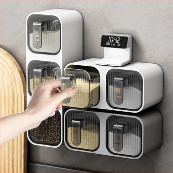 Set de condimente montat pe perete, din plastic, cu lingură, pentru condimente solide, stil modern minimalist