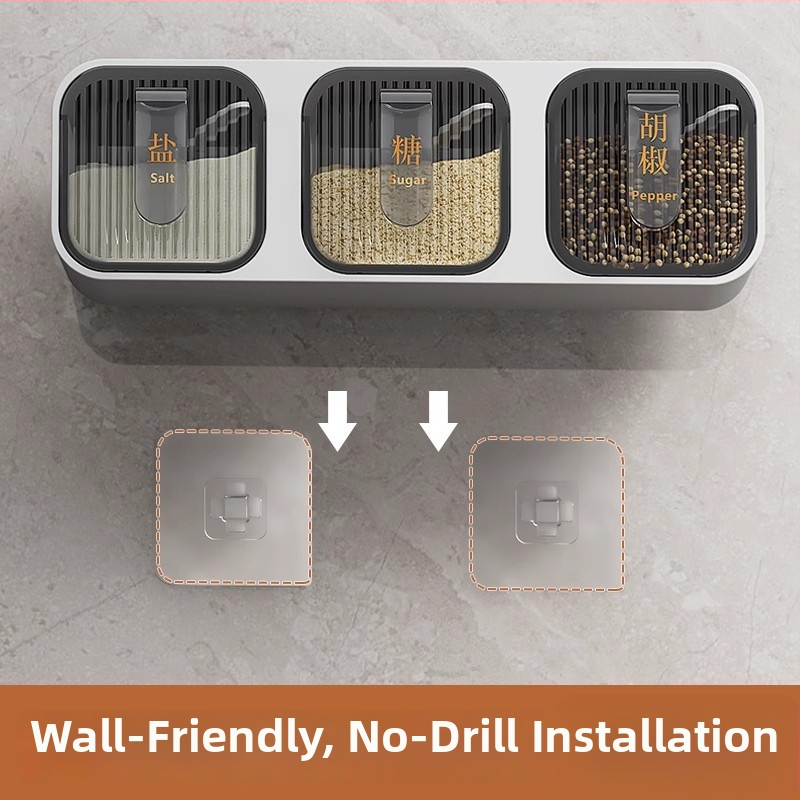 Set de condimente montat pe perete, din plastic, cu lingură, pentru condimente solide, stil modern minimalist