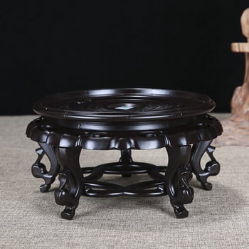 Statuie Buddha din rășină sintetică pe platou circular din lemn — decor geometric pentru vază, ghiveci sau acvariu