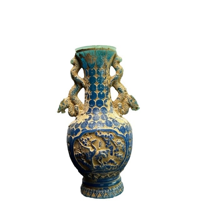 Jade King Stâncă Hibiscus Dragon Bottle, Gravură Etnică, Sculptură din Jad cu Finisaj Placat cu Aur