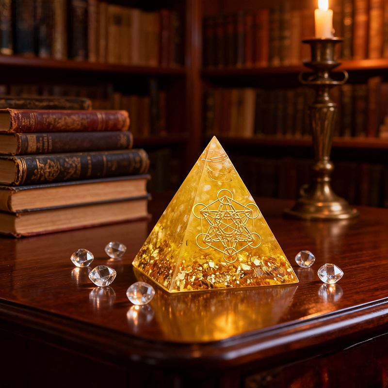 Ornament din rășină cu motiv piramidă și piatră măcinată, brand Energy pyramid, stil modern minimalist, material: rășină