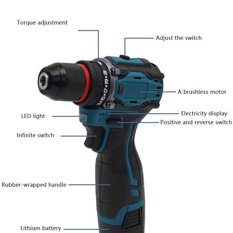 Akkumulátoros fúró-csavarbehajtó 18V, kettős sebesség, lítium-ion akkumulátor, végtelenül szabályozható sebesség, előre/hátra