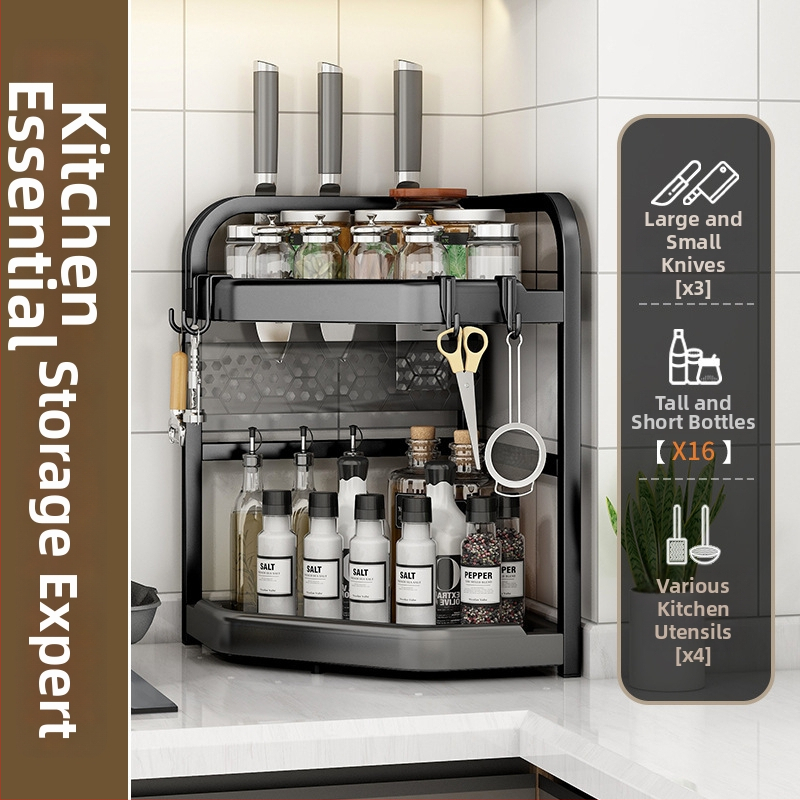 Kuchynský rohový stojan na koreniny, nože a paličky — bez vrtania, trojuholníkový stojan na dosku, moderný štýl