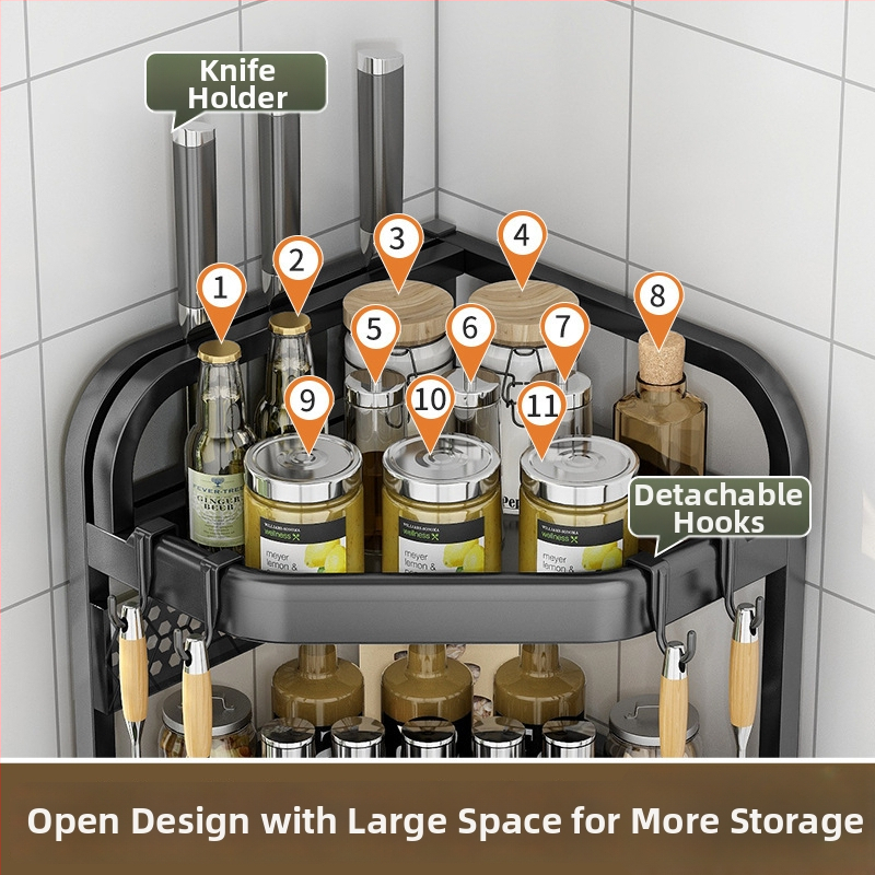 Kuchynský rohový stojan na koreniny, nože a paličky — bez vrtania, trojuholníkový stojan na dosku, moderný štýl