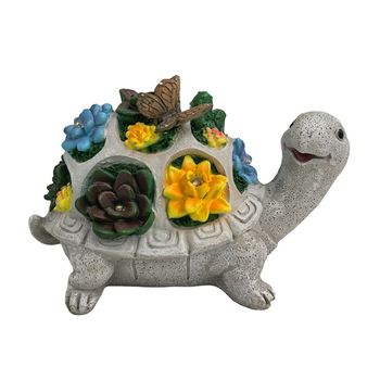 Gyanta kerti szobor: teknősbéka és pillangó, napelemes fénydísz a kerthez