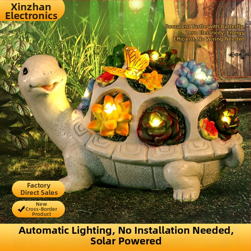 Gyanta kerti szobor: teknősbéka és pillangó, napelemes fénydísz a kerthez