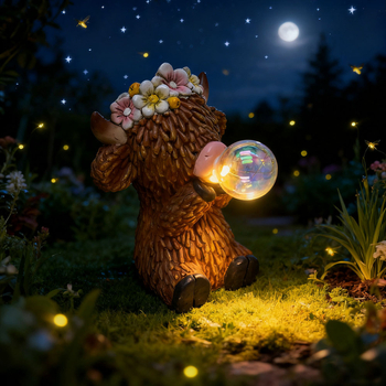 Socha od smole Highland cow, crtani stil, solarna vanjska svjetiljka, marka Housedeco