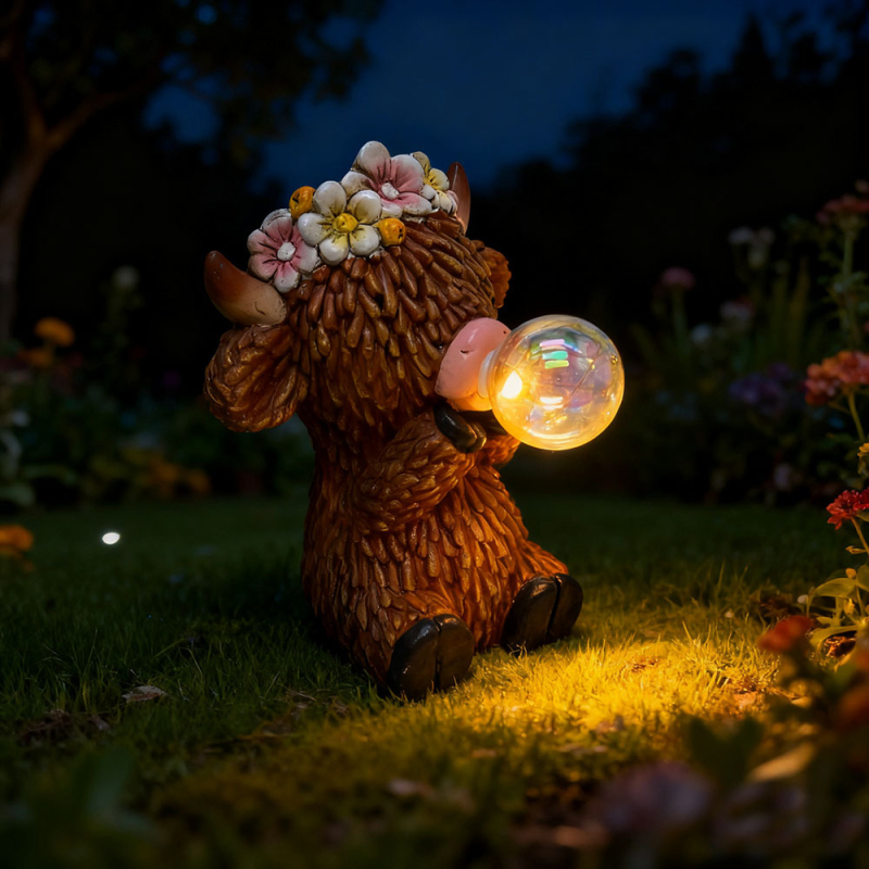 Socha od smole Highland cow, crtani stil, solarna vanjska svjetiljka, marka Housedeco