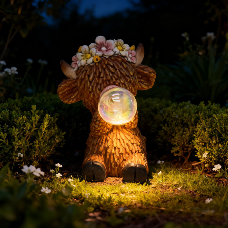 Socha od smole Highland cow, crtani stil, solarna vanjska svjetiljka, marka Housedeco
