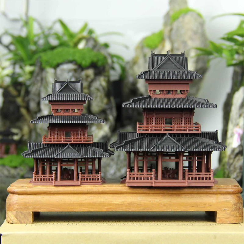 Kínai stílusú mini táj szobor pavilonnal, sziklakert motívummal és bonsai — PLA anyag