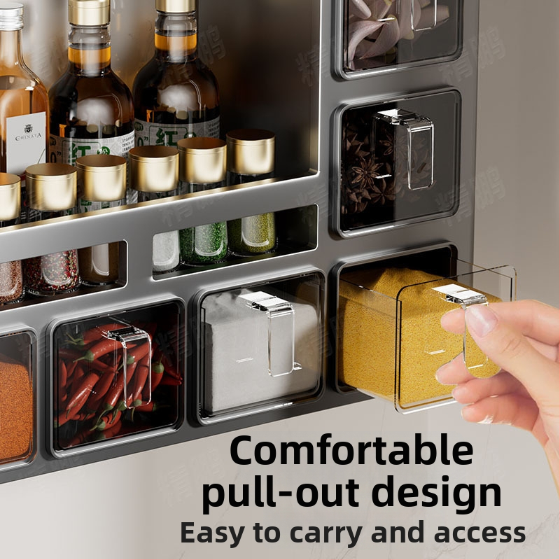 Odyssk nástenný stojan na korenie z karbónovej ocele, bez vŕtania, moderný minimalistický štýl, pre olej, soľ, omáčku a ocot