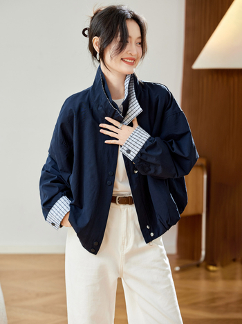 Jachetă scurtă pentru femei cu design de două piese false, carouri, croială lejeră, fermoar frontal, mâneci lungi, toamnă-iarnă 2025