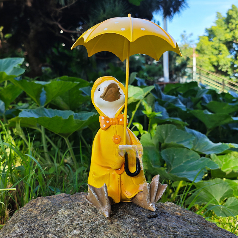 Patka s kišobranom – ukras od smole u karikaturalnom stilu za vanjski vrt, bonsai životinja