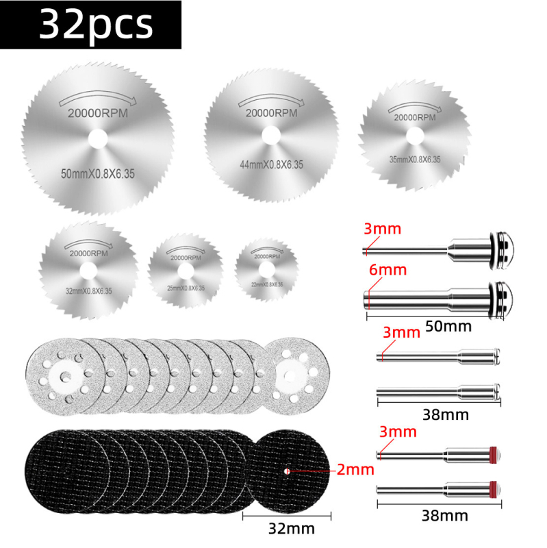 Diamond cutting and grinding disc kit for woodworking — high-speed steel saw blade, diamond disc, and resin double-mesh grinding wheel for electric grinders