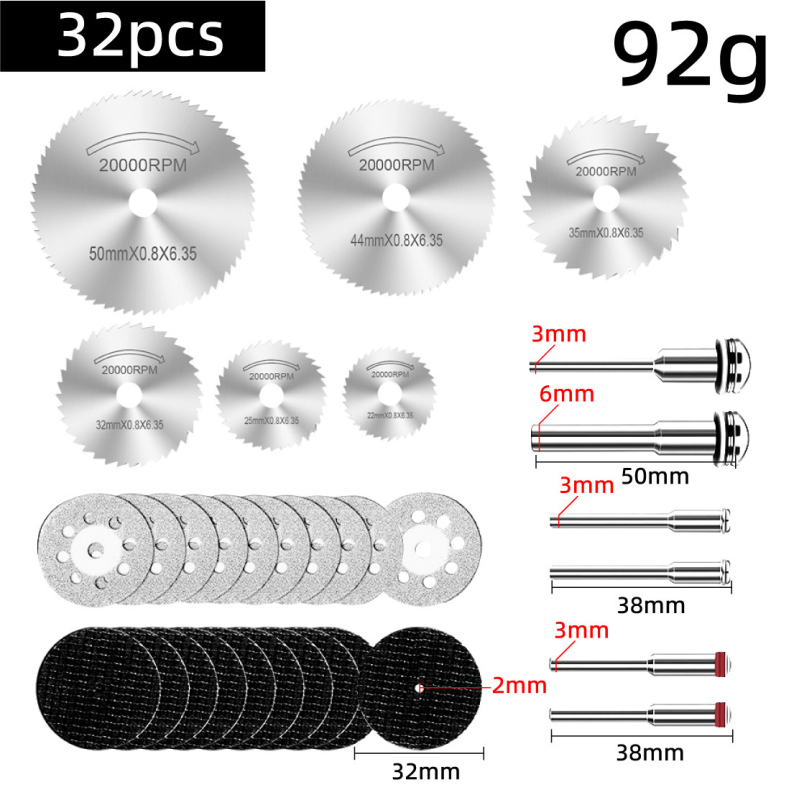 Diamond cutting and grinding disc kit for woodworking — high-speed steel saw blade, diamond disc, and resin double-mesh grinding wheel for electric grinders