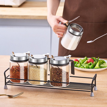 Staklena posuda za začine s opružnim poklopcem od nehrđajućeg čelika, vlagootporna, s držačem i malom žličicom, za čvrste začine