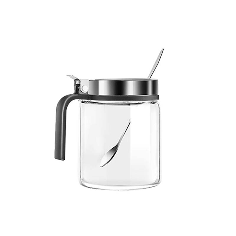 Staklena posuda za začine s opružnim poklopcem od nehrđajućeg čelika, vlagootporna, s držačem i malom žličicom, za čvrste začine