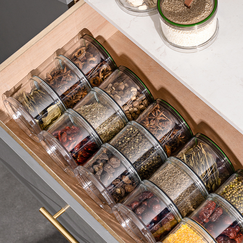 Élelmiszer-biztonságos műanyag fűszertároló doboz, nyolcszögletű, tömítő fedéllel, egymásra rakható