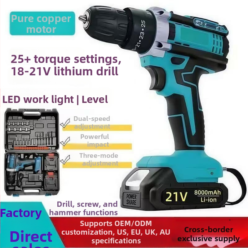 King bodi ručná elektrická vŕtačka s nabíjacou lítiovou batériou, 18-21 V, pištoľová rukoväť, dve rýchlosti, skľučovadlo s tromi čeľustami