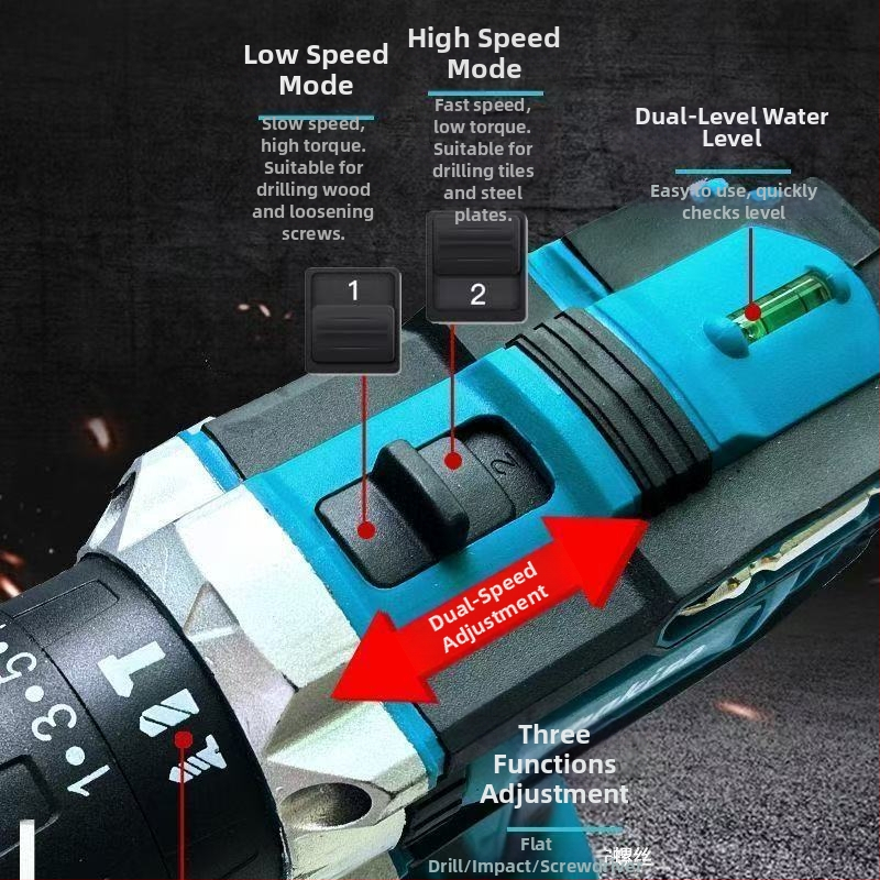 King bodi ručná elektrická vŕtačka s nabíjacou lítiovou batériou, 18-21 V, pištoľová rukoväť, dve rýchlosti, skľučovadlo s tromi čeľustami