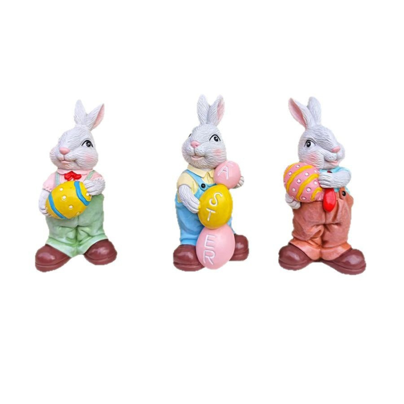 Húsvéti nyúl szobor, rajzfilmszerű stílus, szintetikus gyanta, karton csomagolás, Xingmao márka