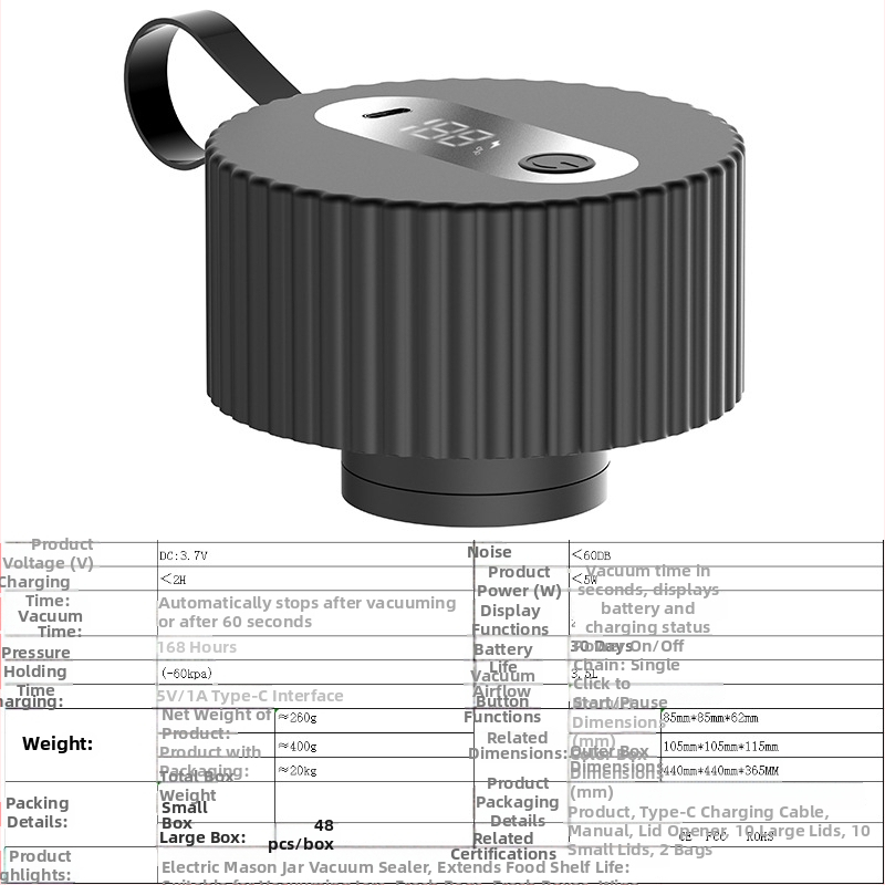 Elektrický uzáver pre poháre Mason, vákuové balenie pre domáce použitie, cestovanie a balenie