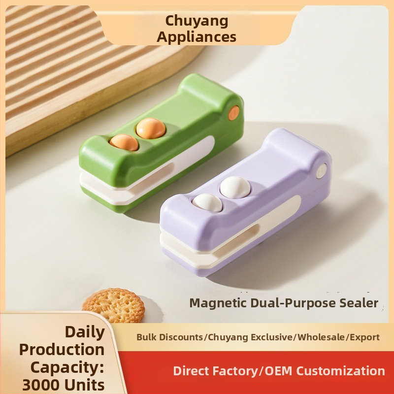 Mini domáce zariadenie na uzatváranie vreciek pre domácu potrebu — uzatváranie sáčkov, uchovanie potravín, tlač loga, moderný minimalistický dizajn.