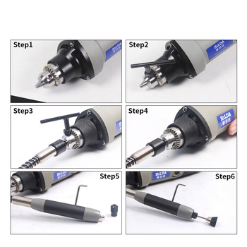 Електрическа шлайфмашина с гъвкав вал и универсален патрон; гравираща писалка, ключ; щепселно захранване 110–220V; фиксирана скорост; тегло 0,25 кг; за гравиране, рязане, полиране и шлайфане
