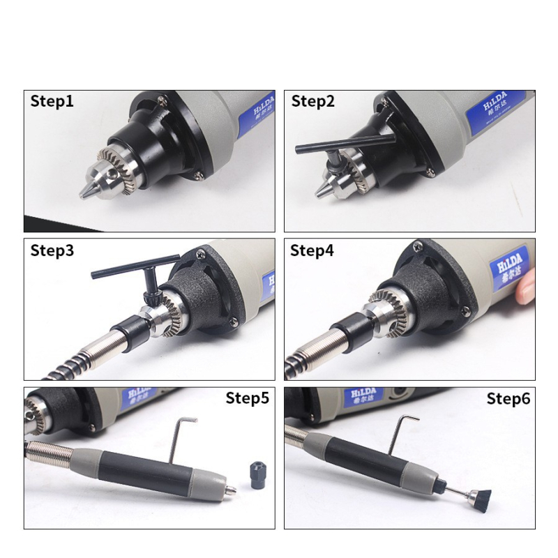 Електрическа шлайфмашина с гъвкав вал и универсален патрон; гравираща писалка, ключ; щепселно захранване 110–220V; фиксирана скорост; тегло 0,25 кг; за гравиране, рязане, полиране и шлайфане