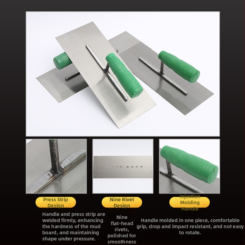 Špatula za malter s plastičnom drškom za zidare — podrijetlo Linyi, Shandong; marka Green plastic handle mud wipe; debljina 0,8 mm
