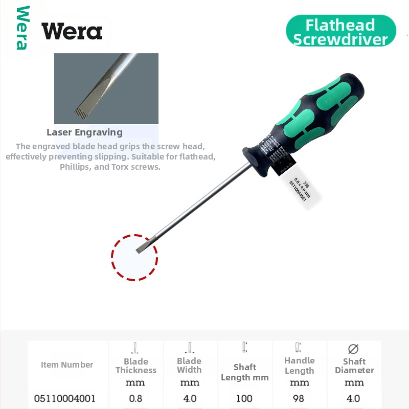 Vera pločasti odvijač 335 serije, industrijske klase, CR-V čeli, oštrica 2-6 mm, PVC držak