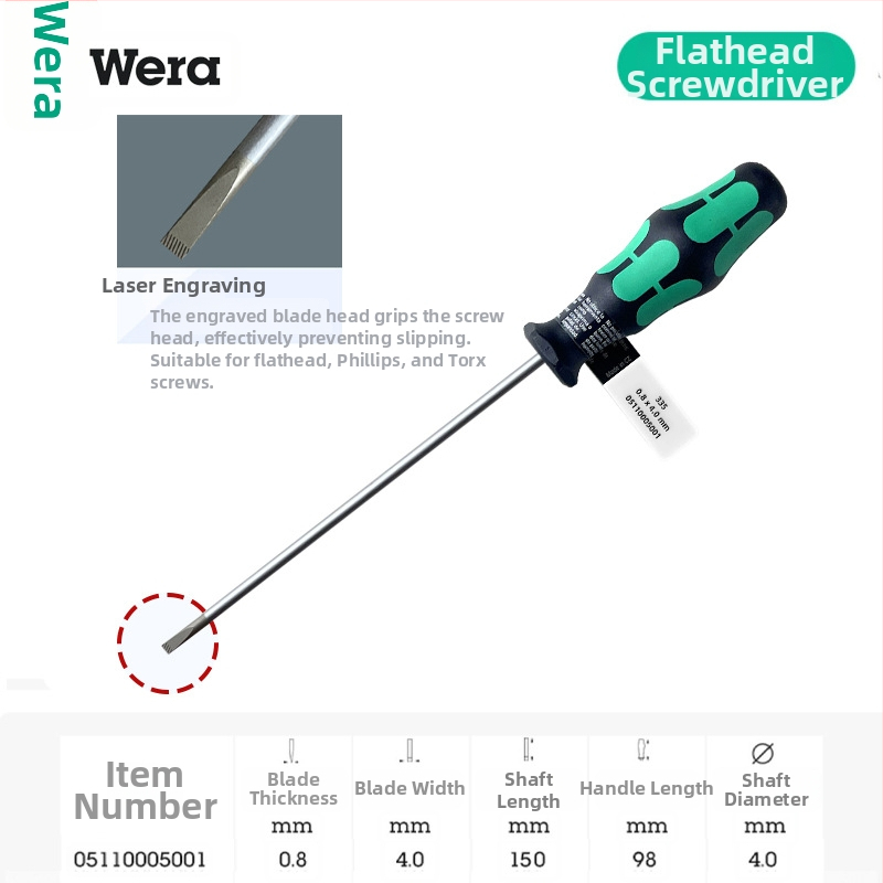 Vera pločasti odvijač 335 serije, industrijske klase, CR-V čeli, oštrica 2-6 mm, PVC držak