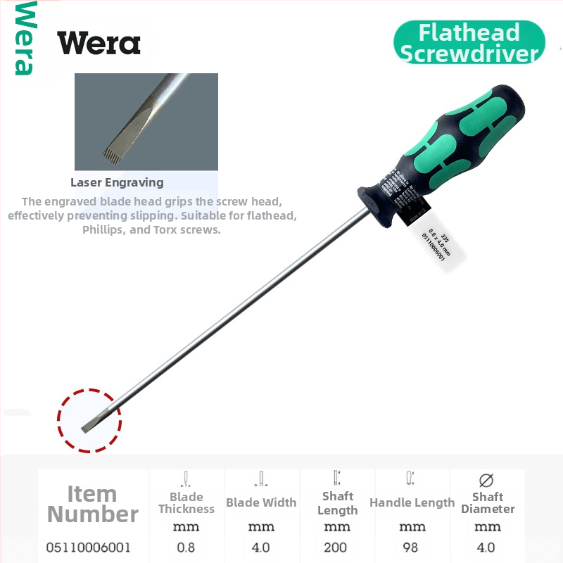 Vera pločasti odvijač 335 serije, industrijske klase, CR-V čeli, oštrica 2-6 mm, PVC držak